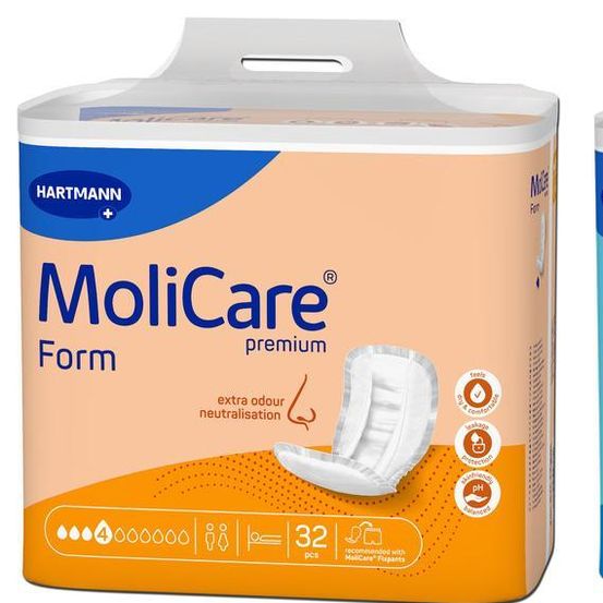 Zwei Packungen Molicare Premium Inkontinenzunterlagen, eine in Orange und Blau, die andere in Blau und Weiß, jeweils mit 32 Stück.