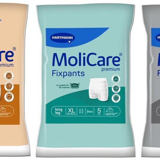 Drei Hartmann-Produkte für Inkontinenz: Care Premium, MoliCare Premium Fixpants und MoliCare Premium Fixpants in langen und XL-Größen.