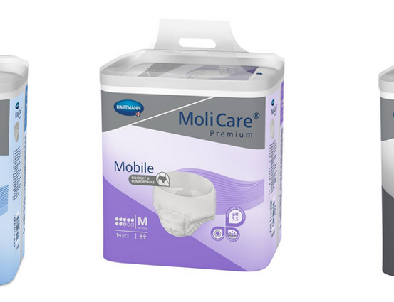 Drei Packungen MoliCare Premium Mobile Inkontinenzpolster. Jede Packung enthält 14 Stück. Farben sind blau, lila und grau.