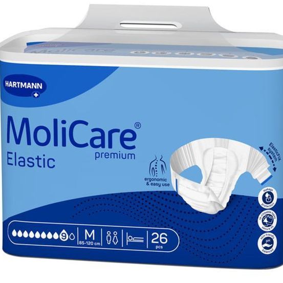 Zwei Packungen Hartmann MoliCare Elastic Premium Inkontinenzunterlagen. Jede Packung enthält 24 Pads. Merkmale umfassen ergonomisches Design, einfache Anwendung und ausgewogener pH-Wert.