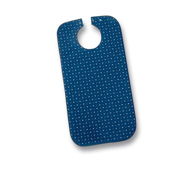 Ein blauer Lätzchen mit kleinen weißen Punkten, auf einem weißen Hintergrund dargestellt. Der Lätzchen hat einen runden Halsausschnitt und scheint aus wasserdichtem Material zu sein.