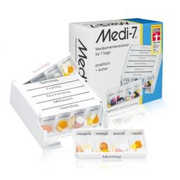 Ein Medi-7 Medikamentenorganisator für 7 Tage ist gezeigt mit Fächern für Morgen-, Nachmittags-, Abend- und Nachtdosen. Es enthält eine kleine Probe von Pillen.