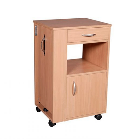 Ein holzernen Rollwagen mit zwei Schubladen und einer Tür auf Rädern, geeignet für Büro oder Zuhause.