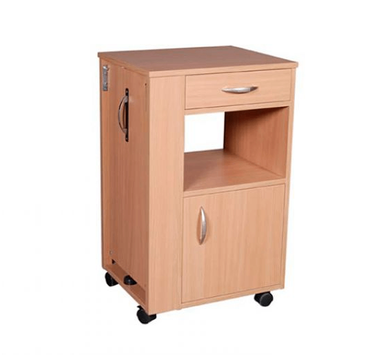 Ein holzernen Rollwagen mit zwei Schubladen und einer Tür auf Rädern, geeignet für Büro oder Zuhause.