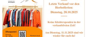Werbeanzeige für einen Second-Hand-Markt der Kolping-Familie Berchtesgaden mit einem Bild von Kleidern an Kleiderbügeln. Es enthält Öffnungszeiten und einen QR-Code zum Scannen. Der Text kündigt den letzten Verkauf vor den Herbstferien am 28.10.2025 an.