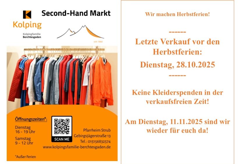 Werbeanzeige für einen Second-Hand-Markt der Kolping-Familie Berchtesgaden mit einem Bild von Kleidern an Kleiderbügeln. Es enthält Öffnungszeiten und einen QR-Code zum Scannen. Der Text kündigt den letzten Verkauf vor den Herbstferien am 28.10.2025 an.