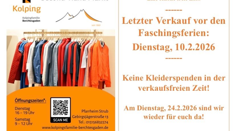 Werbung für einen Second-Hand-Markt. Öffnungszeiten sind Dienstags und Samstags. QR-Code zum Scannen. Kontaktnummer und Website sind angegeben.