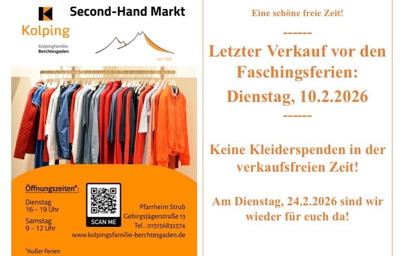 Werbung für einen Second-Hand-Markt. Öffnungszeiten sind Dienstags und Samstags. QR-Code zum Scannen. Kontaktnummer und Website sind angegeben.