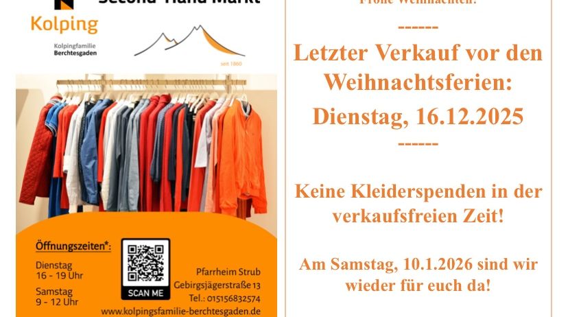 Werbung für einen Second-Hand-Markt von Kolping in Bergtsgaden. Öffnungszeiten und Standortdetails werden angegeben. QR-Code zum Scannen. Der Markt ist dienstags und samstags geöffnet.