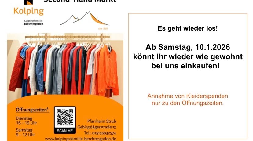 Der Flyer für den Second-Hand Markt von der Kolpingfamilie, Berchtesgaden. Er zeigt einen Kleiderständer mit bunten Kleidungsstücken und einem QR-Code. Es heißt, dass Kleiderspenden während der Öffnungszeiten erfolgen können.