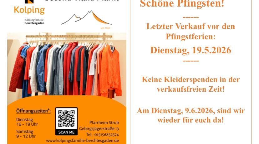 Poster for a second-hand market by Kolping. Clothes on hangers. QR code, opening hours, address, and phone number.