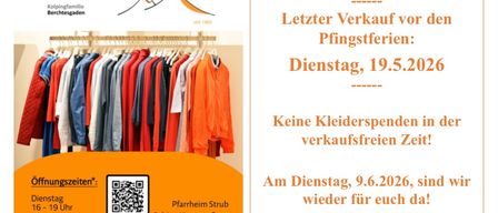 Poster for a second-hand market by Kolping. Clothes on hangers. QR code, opening hours, address, and phone number.