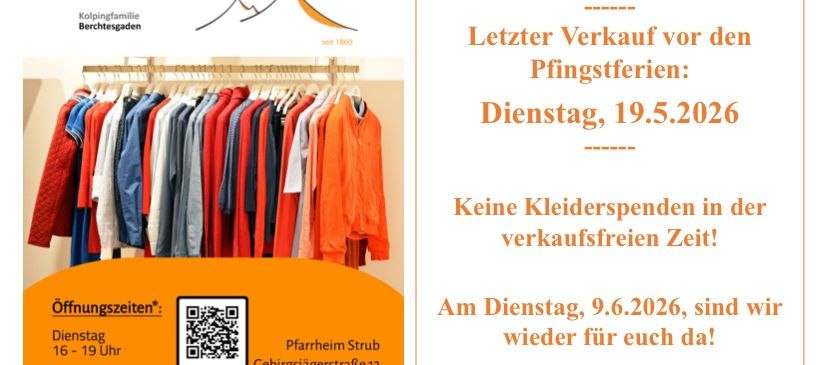 Poster for a second-hand market by Kolping. Clothes on hangers. QR code, opening hours, address, and phone number.