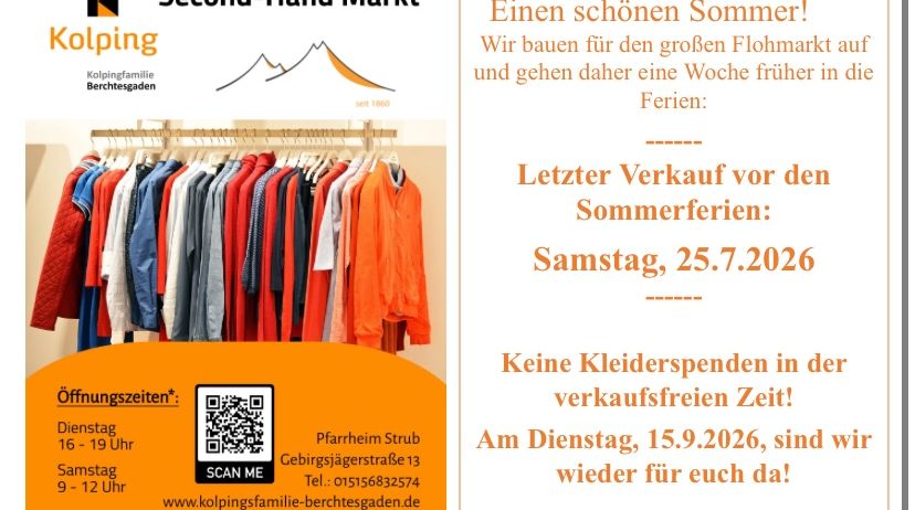 Plakat für einen Second-Hand-Kleidermarkt von Kolping, mit einem Kleiderständer, Öffnungszeiten und einem QR-Code für weitere Informationen. Das Plakat enthält auch eine Nachricht, dass während des Verkaufs keine Kleidungsspenden angenommen werden.