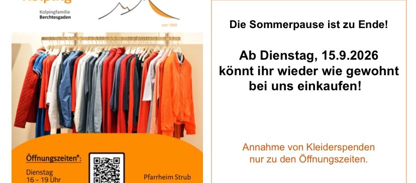 Poster advertising a second-hand clothing market by Kolping, with details about opening hours and a QR code for more information.