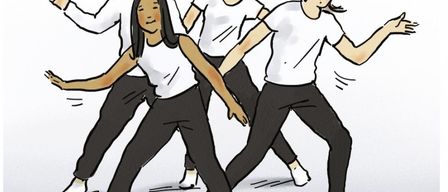 Eine Illustration einer Gruppe von vier tanzenden Personen, alle in weißen Shirts und schwarzen Hosen, mit ausgestreckten Armen.