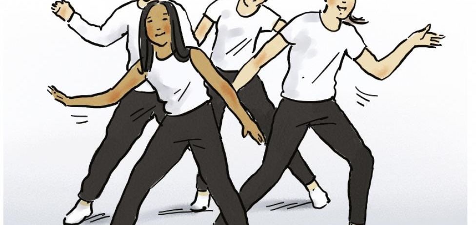 Eine Illustration einer Gruppe von vier tanzenden Personen, alle in weißen Shirts und schwarzen Hosen, mit ausgestreckten Armen.