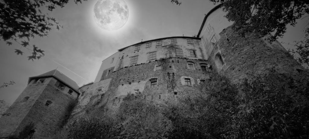 Ein Vollmond leuchtet hell am Nachthimmel über einer alten Burg, umgeben von Bäumen und Pflanzen.