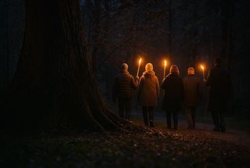 Fünf Personen gehen gemeinsam in einem dunklen Wald und halten brennende Fackeln. Sie scheinen Teil einer Zeremonie oder einer geführten Wanderung zu sein, da sie in einer Reihe gehen.