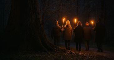 Fünf Personen gehen gemeinsam in einem dunklen Wald und halten brennende Fackeln. Sie scheinen Teil einer Zeremonie oder einer geführten Wanderung zu sein, da sie in einer Reihe gehen.