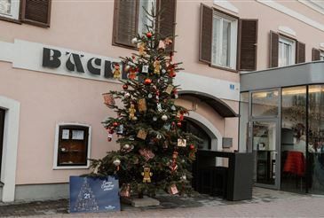 Ein geschmückter Weihnachtsbaum steht vor einem rosa Gebäude mit der Aufschrift 'BACH'. Ein blauer Schild mit '21' steht neben dem Baum. Das Gebäude hat mehrere Fenster und einen Glaseingang. Ein roter Stuhl ist im Eingangsbereich zu sehen.