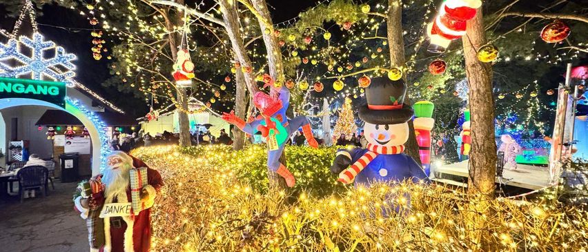 Eine Weihnachtsbeleuchtung bei Nacht mit Spider-Man und einem Schneemann zwischen den Bäumen und Büschen, umgeben von leuchtenden Lichtern und Ornamenten.