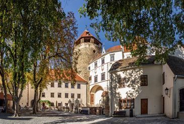 Ein historischer Innenhof mit einem hohen Turm und weißen Gebäuden, umgeben von üppigem grünen Bäumen und einem klaren blauen Himmel.