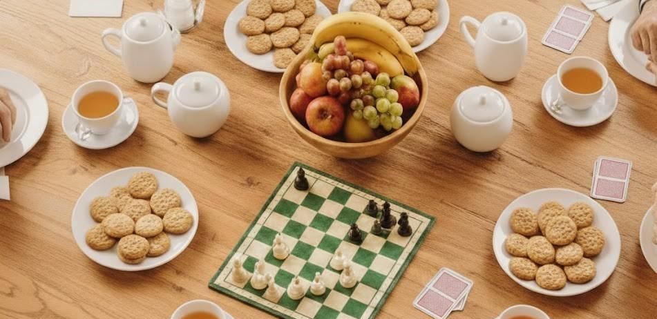 Eine Gruppe von Menschen sitzt um einen Holztisch herum mit einem Schachbrett, Keksen und einer Schüssel Obst. Auf dem Tisch stehen Tassen, Teekannen und Untertassen.