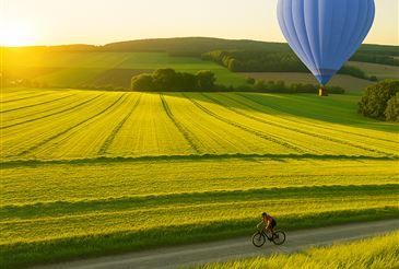 Ein Radfahrer fährt auf einem Feldweg in einem weitläufigen grünen Feld, mit einem blauen Heißluftballon, der darüber schwebt. Die Sonne geht im Hintergrund unter und taucht alles in ein warmes Licht.