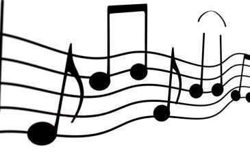 Ein schwarzes und weißes Musiknotenmuster auf weißem Hintergrund, einschließlich Ganze, Halbe, Viertel und Achtel Noten.