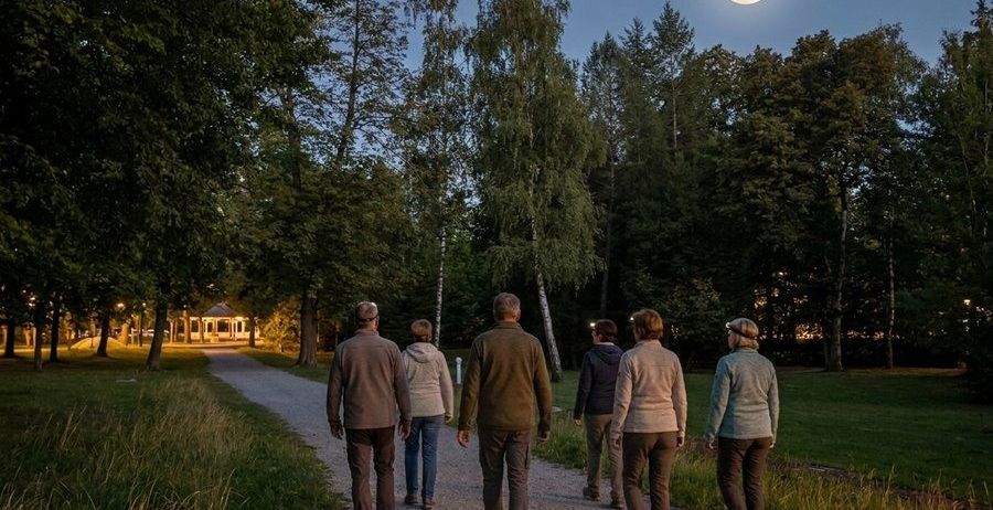 Sechs Personen gehen auf einem Pfad bei Vollmond, tragen Jacken und Mützen. Bäume umgeben das Gebiet, und ein Gebäude ist in der Ferne.
