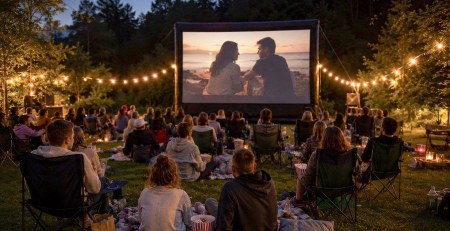 Ein Outdoor-Filmevent mit einer Projektionsleinwand, die eine romantische Szene unter dem Nachthimmel zeigt. Die Menschen sitzen auf Stühlen und Decken auf dem Rasen.