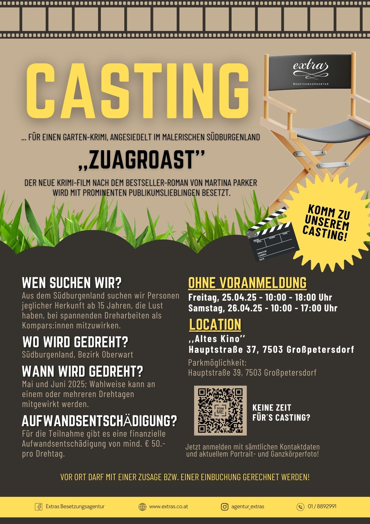 Ein Casting-Ankündigung für einen Gartenkrimi mit dem Titel 'Zuagroast' in den Malerischen Vororten. Der Film, basierend auf dem Bestseller-Roman von Martina Parker, besetzt prominente Persönlichkeiten. Das Casting ist offen für alle aus den Vororten ab 15 Jahren. Keine vorherige Anmeldung erforderlich. Das Casting findet am Freitag und Samstag im April 2025 im 'Alten Kino' in Großpetersdorf statt. Parkplätze sind an der Hauptstraße 39 vorhanden. Die Teilnahme wird finanziell entschädigt.