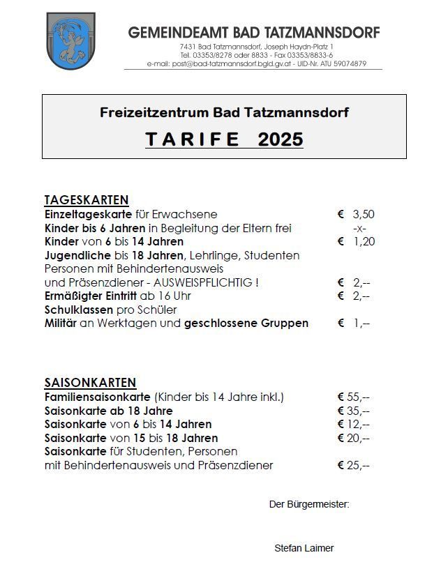 Dokument zeigt den Tarif 2025 für das Freizeitzentrum Bad Tatzmannsdorf. Tarife sind aufgelistet für verschiedene Kategorien wie Tageskarten für Kinder, Studenten und Senioren sowie Saisonkarten.