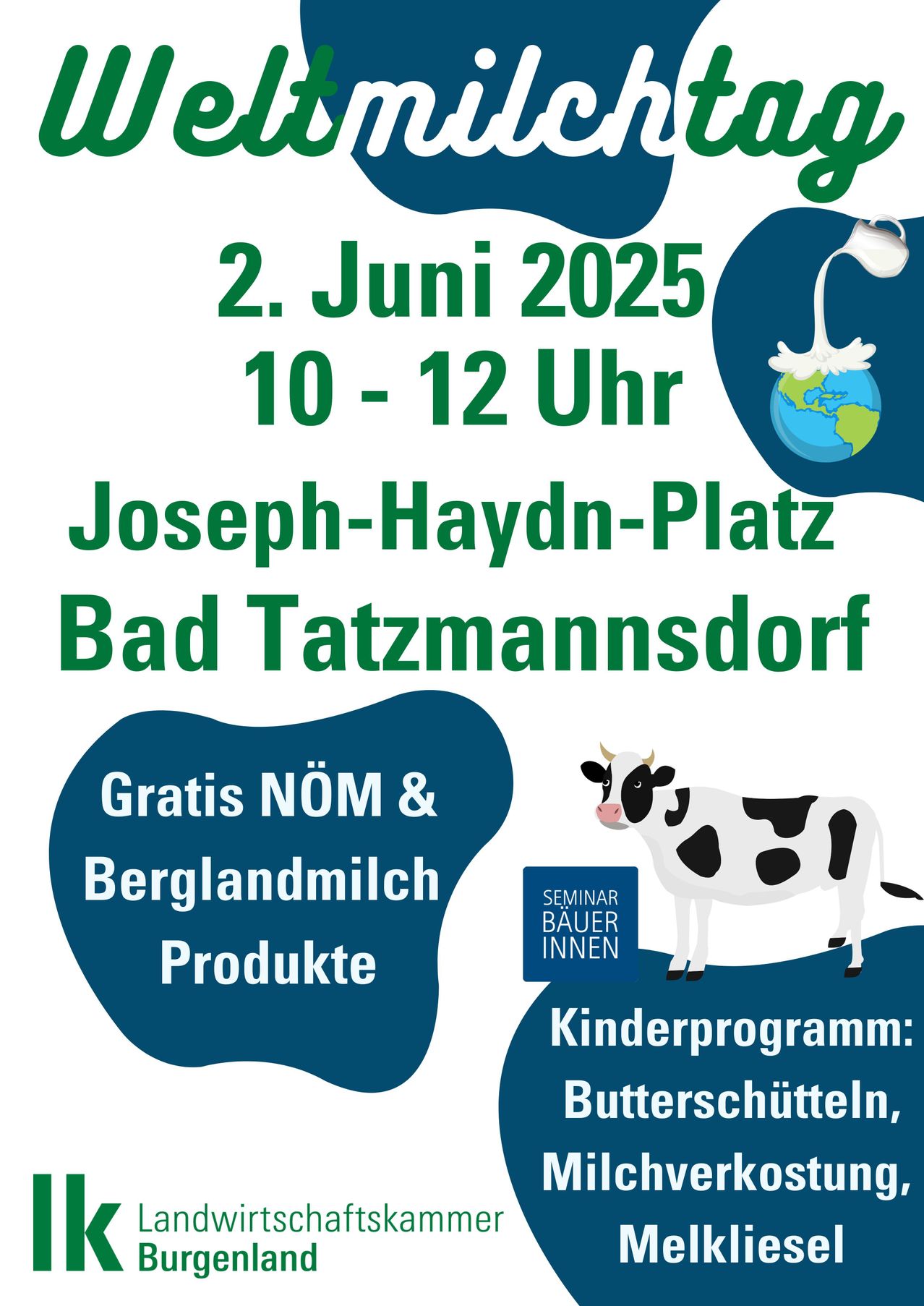 Veranstaltung am 2. Juni 2025 von 10-12 Uhr am Joseph-Haydn-Platz, Bad Tatzmannsdorf. Kostenlose NÖM & Berglandmilch Produkte, Kinderprogramm mit Butterschleudern.
