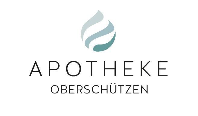 Das Logo für Apotheke Oberschutzzen. Das Wort 'Apotheke' ist in fetter schwarzer Schrift, während 'Oberschutzzen' in kleineren, helleren Buchstaben darunter steht. Ein stilisierter Wassertropfen in Blau und Grün befindet sich über dem Text.