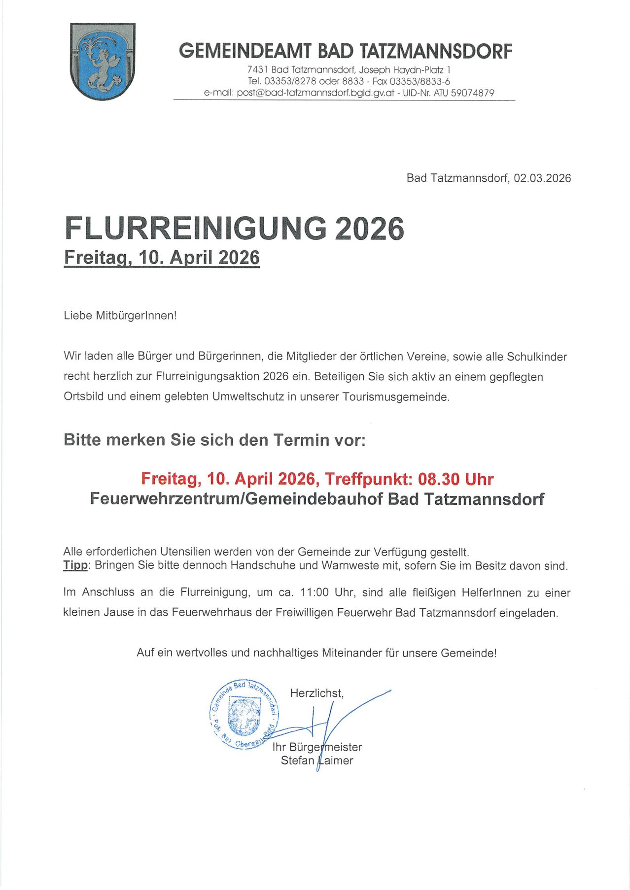Poster vom 02.03.2026 kündigt eine Flussreinigungsaktion 2026 in Bad Tatzmannsdorf am 10. April an. Bürger und Mitglieder lokaler Vereine sowie alle Schulkinder sind eingeladen teilzunehmen. Notwendige Ausrüstung wird von der Gemeinde zur Verfügung gestellt. Handschuhe und warme Kleidung mitbringen. Nach der Reinigung gibt es eine kleine Jause.
