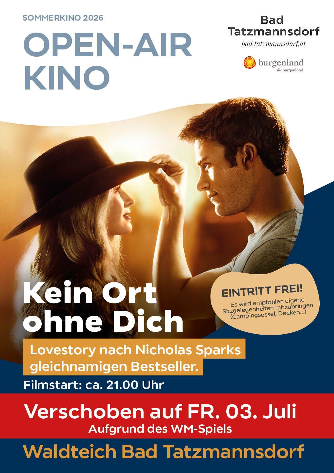 Movie poster with two people facing each other. One person is holding a hat on their head. The text reads Kein Ort ohne Dich and the time is 21.00.