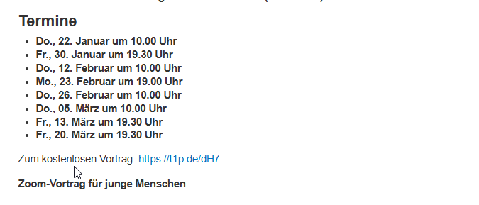 Online-Informationsvorträge 2026 über Zoom (ca. 60min). So., 07. Dezember 2025 um 19:00. Zugang über: https://t1p.de/yzfrr.