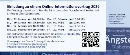 Poster mit dem Gesicht eines Mannes, Text auf Deutsch, beinhaltet Termine für Online-Seminare, QR-Code und eine Liste von Gesundheitszuständen.