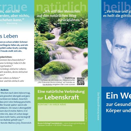 Ein Flyer zur Dokumentation von Bruno Gröning. Es enthält ein Zitat von Bruno Gröning über die Rückkehr der Menschen auf den natürlichen Weg. Ein Gesicht eines Mannes ist ebenfalls abgebildet mit dem Titel 'Natürliche Verbindung zur Lebenskraft'. QR-Codes und ein Kontaktformular sind vorhanden.