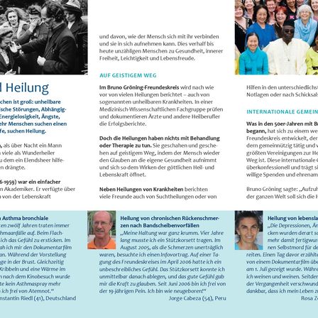 Das Bild zeigt eine komplexe Infografik über Heilungen und Wellness, mit Erfahrungsberichten von Personen, die Heilungen erlebt haben, sowie medizinische Expertise. Es enthält verschiedene Fallstudien von Menschen, die Linderung von chronischen Erkrankungen und schweren Krankheiten berichteten. Der Text diskutiert den Bruno Gröning-Freundeskreis, der Unterstützung und Heilungen anbietet. Es präsentiert auch eine Zeitlinie von Heilungen und Wellness von den 1950er Jahren bis zur Gegenwart.