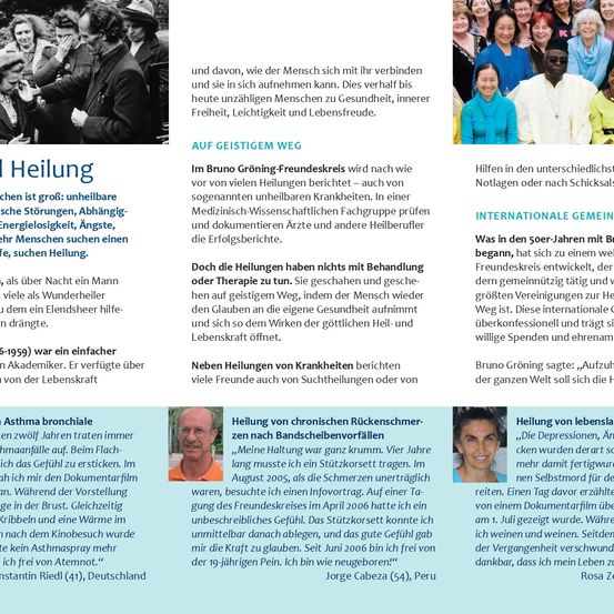Das Bild zeigt eine komplexe Infografik über Heilungen und Wellness, mit Erfahrungsberichten von Personen, die Heilungen erlebt haben, sowie medizinische Expertise. Es enthält verschiedene Fallstudien von Menschen, die Linderung von chronischen Erkrankungen und schweren Krankheiten berichteten. Der Text diskutiert den Bruno Gröning-Freundeskreis, der Unterstützung und Heilungen anbietet. Es präsentiert auch eine Zeitlinie von Heilungen und Wellness von den 1950er Jahren bis zur Gegenwart.