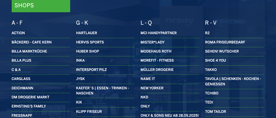 Das Bild zeigt eine Liste von Firmennamen und Kategorien in einer strukturierten Anordnung, aufgeteilt in drei Abschnitte mit den Bezeichnungen G-K, L-Q und R-Z. Jeder Abschnitt enthält eine Liste von Geschäftsnamen, einige mit zusätzlichen Details.