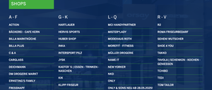Das Bild zeigt eine Liste von Firmennamen und Kategorien in einer strukturierten Anordnung, aufgeteilt in drei Abschnitte mit den Bezeichnungen G-K, L-Q und R-Z. Jeder Abschnitt enthält eine Liste von Geschäftsnamen, einige mit zusätzlichen Details.