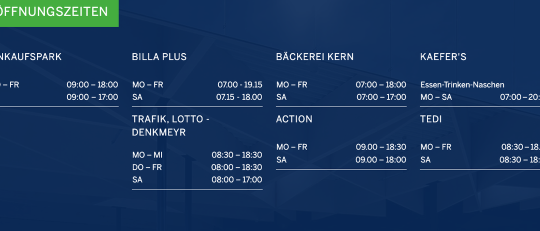 Ein blaues Zeitplan-Design zeigt die Öffnungszeiten von Geschäften. Billa Plus öffnet von 07:00 bis 19:15 Uhr von Montag bis Freitag und von 07:15 bis 18:00 Uhr am Samstag. Bakerei Kern öffnet von 07:00 bis 18:00 Uhr von Montag bis Freitag und von 07:00 bis 17:00 Uhr am Samstag.