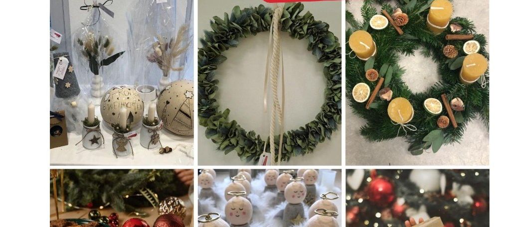 Adventskranz-Workshop, Tanzgruppe 'Fun Fun Fun', Glühwein & frische Waffeln. Datum: 21.11.2025, Zeit: 13:00-18:00. Bilder von Kränzen, Ornamenten und einem Geschenk.