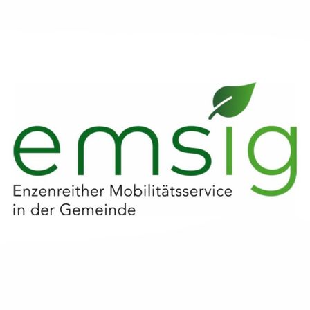 Das Bild zeigt das EMSIG-Logo. Es enthält den grünen Schriftzug 'EMSIG' mit einem grünen Blatt darüber. Unter dem Logo steht 'Enzenreiher Mobilitätsservice in der Gemeinde.'