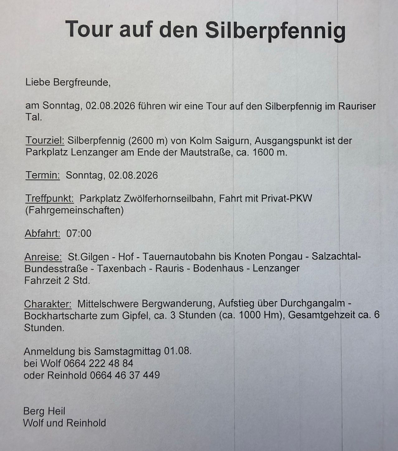Eine Wandertour-Ankündigung für Silberpfennig im Rauriser Tal am 2. August 2026. Die Tour beginnt um 7:00 Uhr am Parkplatz Zwolferhornseilbahn und die Anmeldung schließt am 1. August 2026. Die Wanderung ist mittelschwer mit einem Höhenunterschied von etwa 1000 Metern und dauert etwa 6 Stunden.