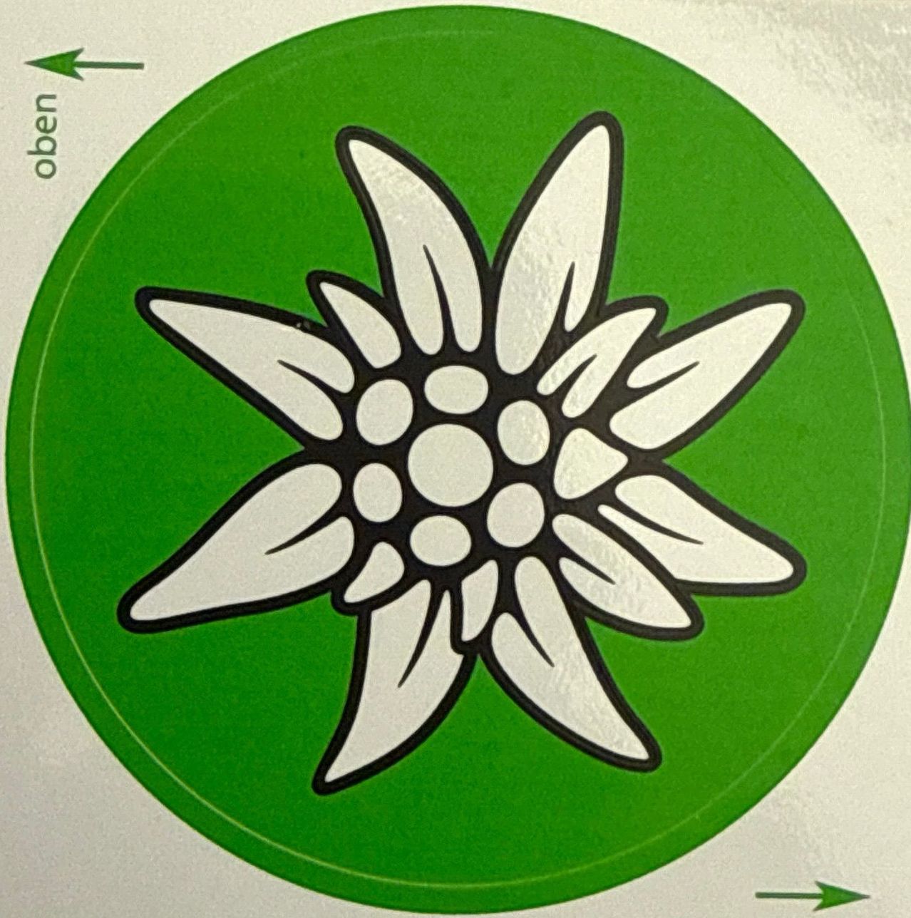 A green circle with a white flower design in the center, surrounded by a black outline. The flower has multiple petals and small dots.